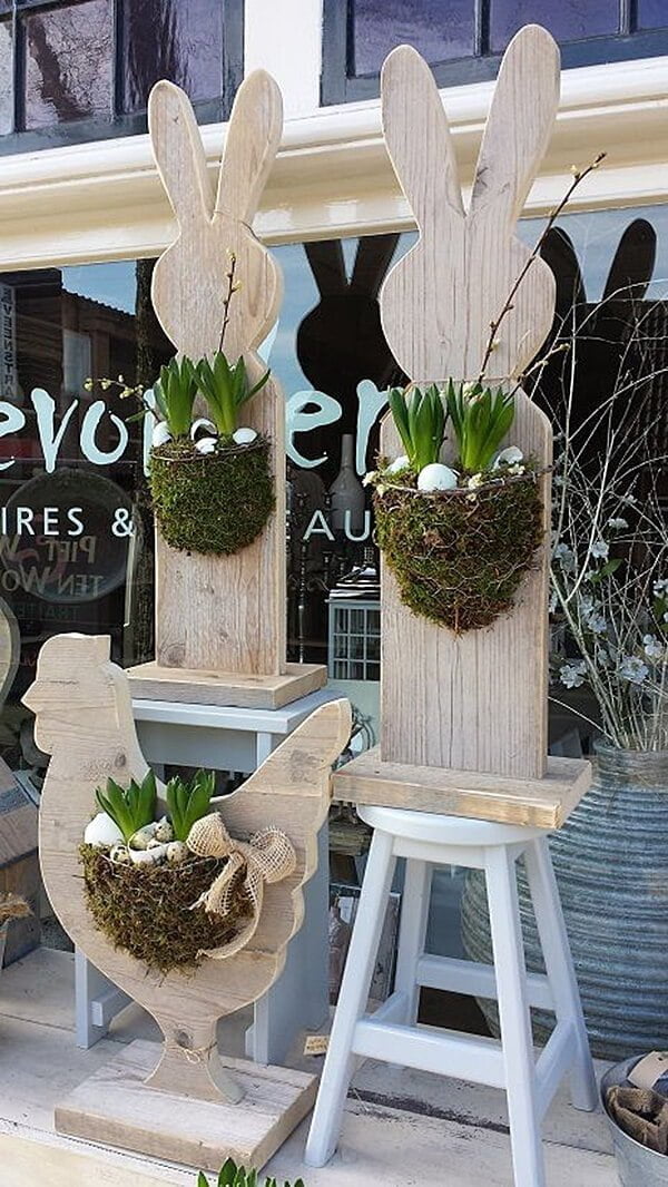 Wood Easter Bunny and Chicken Planters